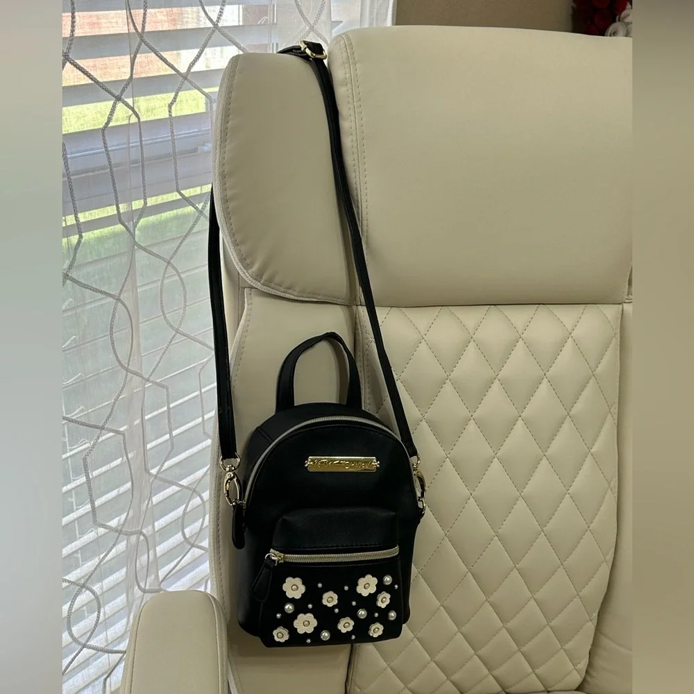 BETSEY JOHNSON Pearl flower Accents Mini Backpack Crossbody purse